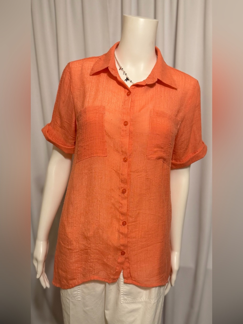 Cato Coral Textured Button-Down Shirt Size Small. Lightweight. Beach Vacation
